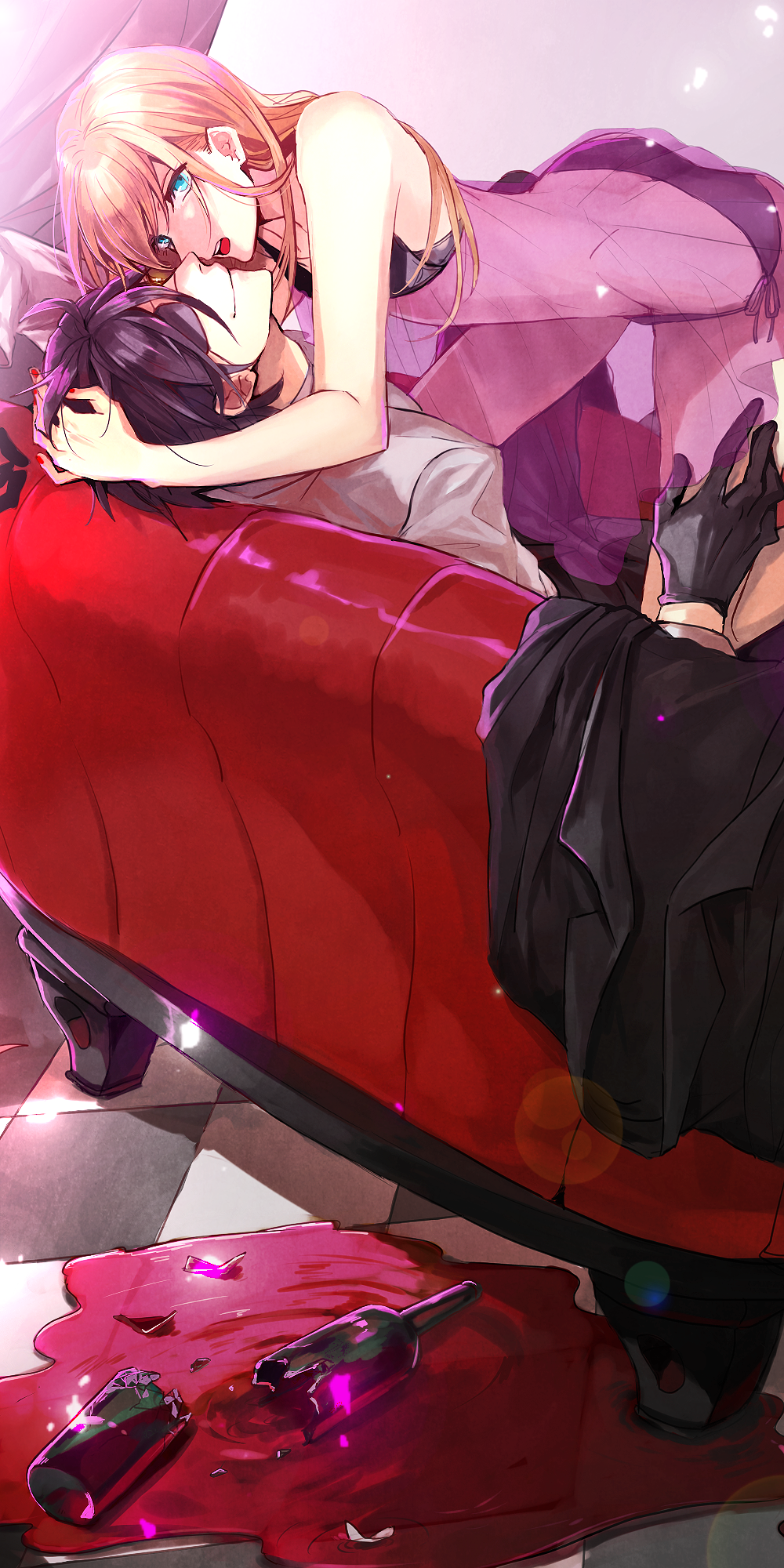 2boys, alcohol, bent_over, black_gloves, black_hair, black_panties, blonde_hair, blue_eyes, bottle, broken_bottle, checkered, checkered_floor, closed_mouth, collared_shirt, couch, crossdressinging, dress, face-to-face, gloves, glowing, hair_between_eyes, hand_in_hair, hand_on_another's_head, hand_on_another's_thigh, highres, indoors, jacket, jacket_removed, leaning_back, lens_flare, lingerie, long_sleeves, looking_at_viewer, male_focus, midare_toushirou, multiple_boys, nail_polish, negligee, nightgown, open_mouth, otoko_no_ko, panties, puddle, purple_hair, red_nails, see-through, shards, shirt, shokudaikiri_mitsutada, side-tie_panties, sleeveless, smile, sumi_(38page), touken_ranbu, underwear, white_shirt, wine, wine_bottle, yaoi, yellow_eyes