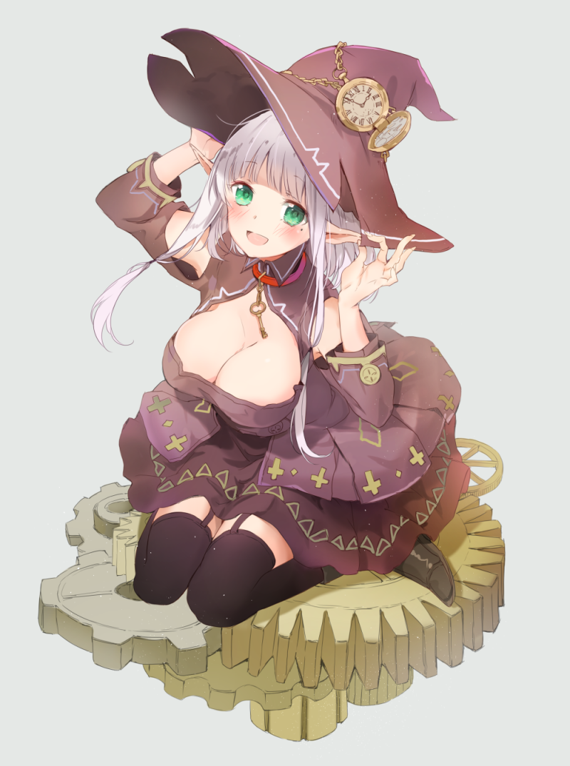 1girl, bare_shoulders, black_legwear, blush, breasts, cleavage, cleavage_cutout, clock, full_body, garter_straps, gears, green_eyes, hat, large_breasts, long_hair, maigo_(neko), mole, mole_under_eye, open_mouth, original, pointy_ears, silver_hair, sitting, smile, solo, thigh-highs, wariza, witch_hat