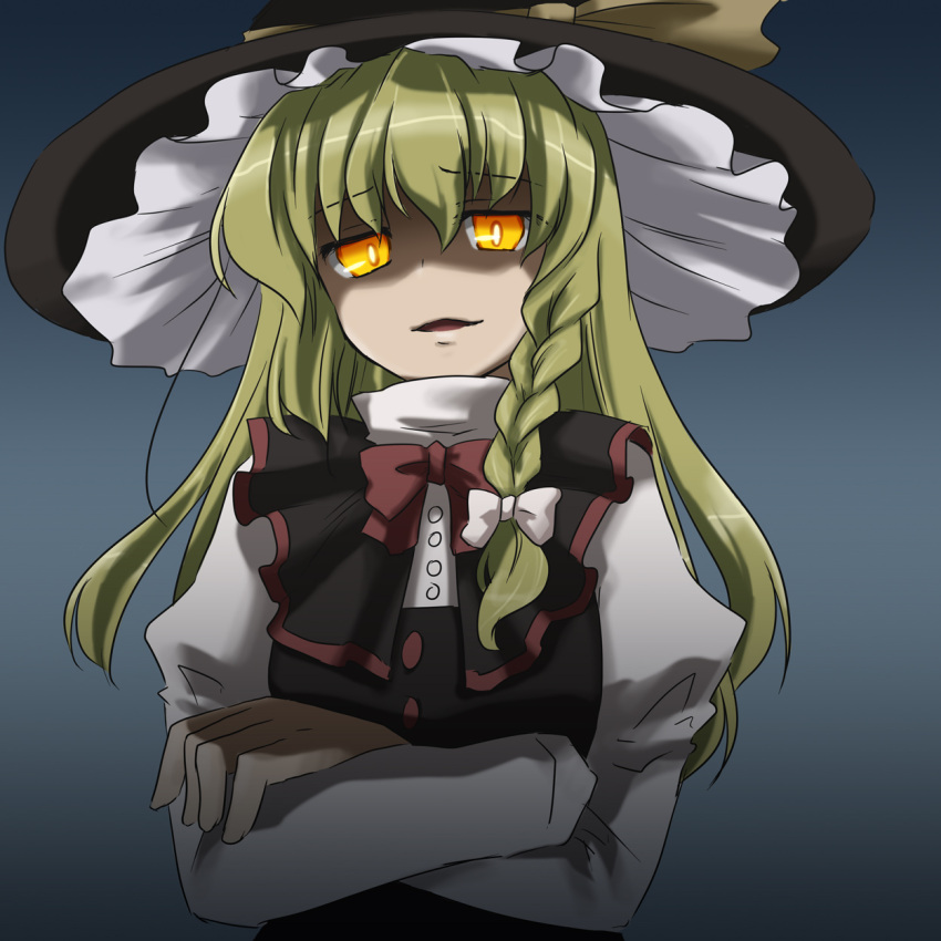 angry, blonde_hair, braid, crossed_arms, dark_persona, hat, highres, kirisame_marisa, mizuki_riko, persona, persona_4, ribbon, riko_(pixiv), solo, touhou, yellow_eyes