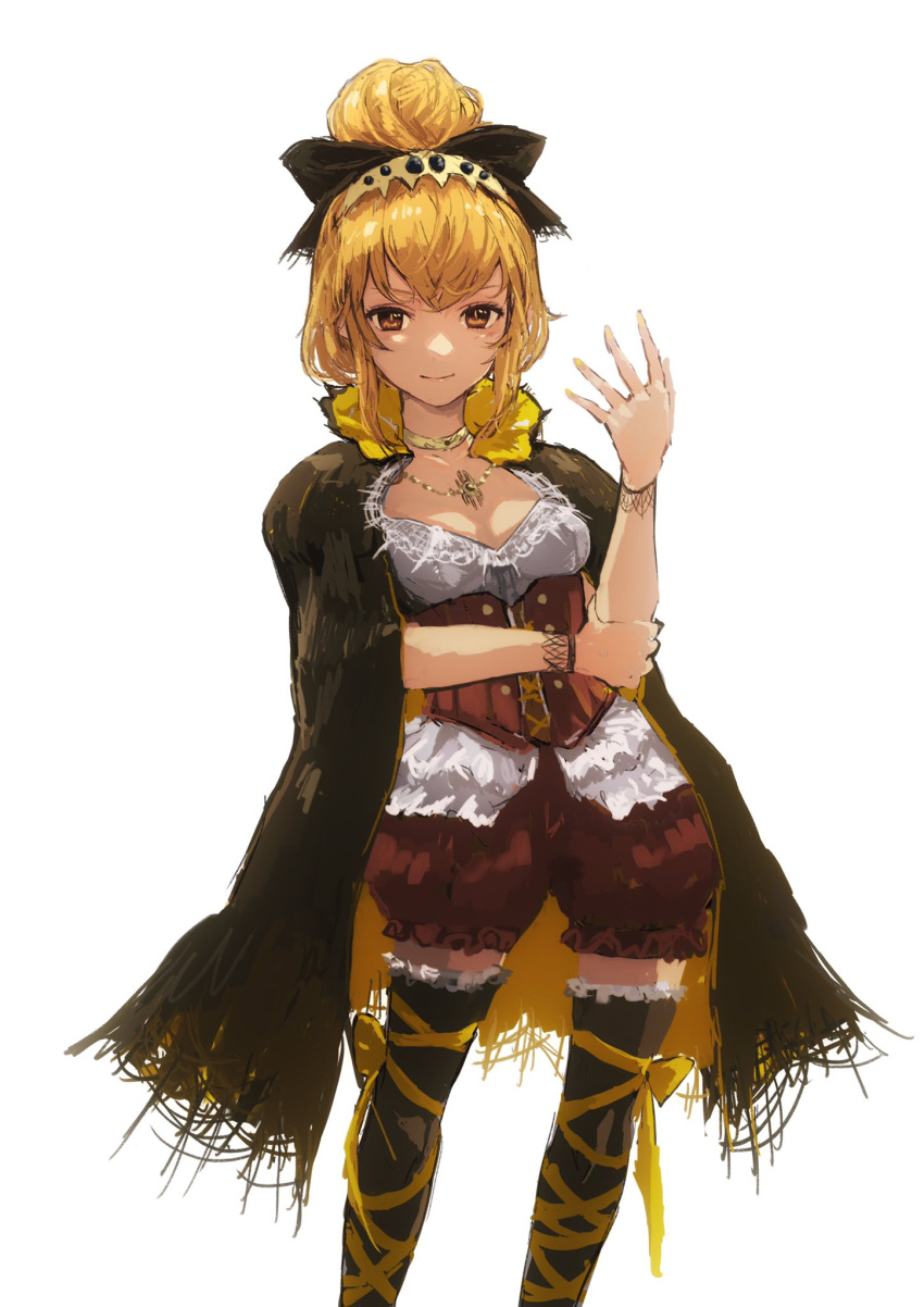 1girl, adapted_costume, alternate_costume, black_legwear, blonde_hair, brown_eyes, cape, choker