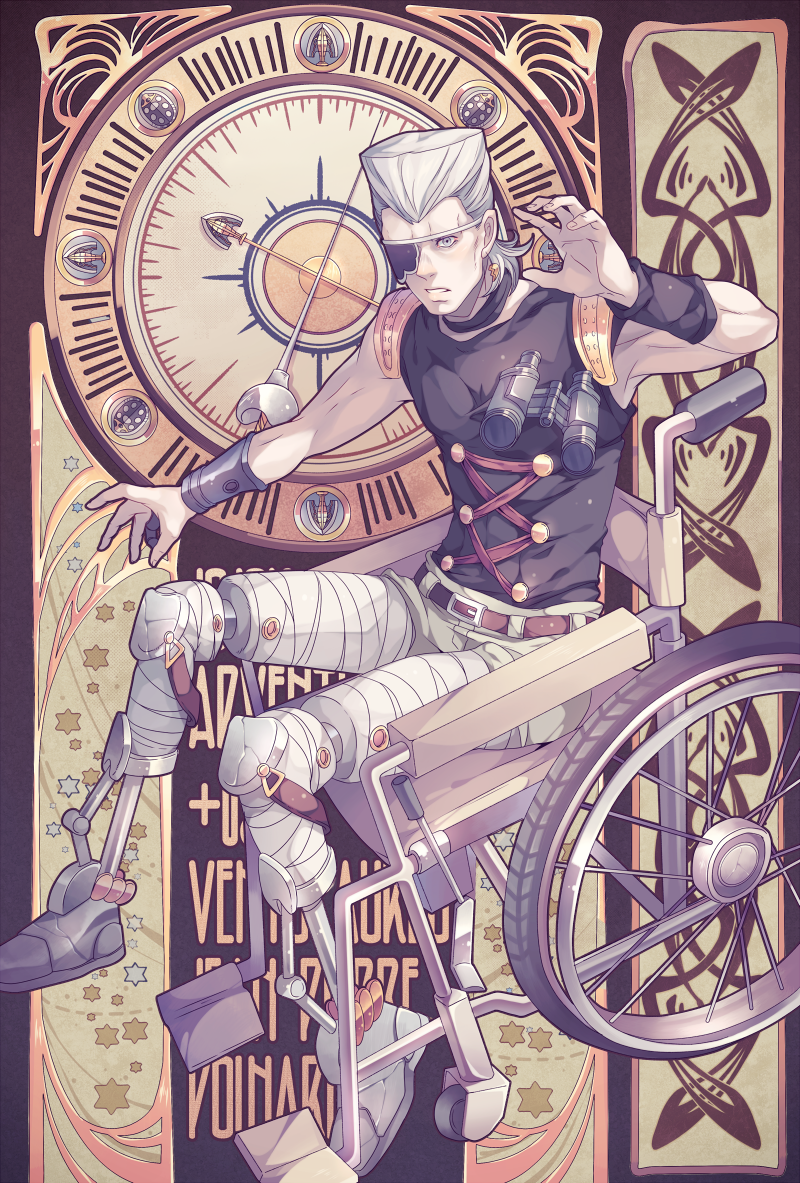 1boy, arrow, belt, binoculars, dropping, earrings, eyepatch, grey_eyes