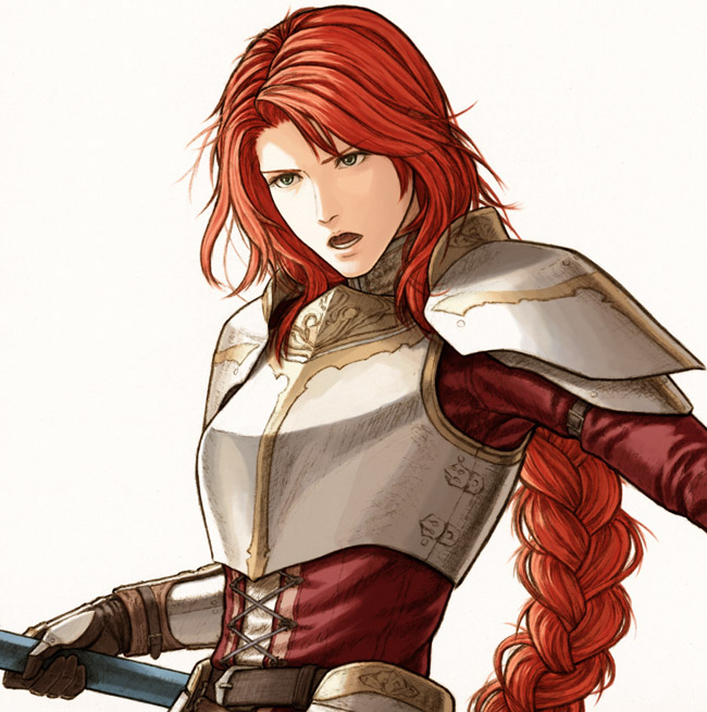 1girl, armor, braid, brown_eyes, cross-laced_clothes, fire_emblem, fire_emblem:_souen_no_kiseki, fuji_(d38635s10), gauntlets, holding, holding_weapon, long_hair, open_mouth, redhead, shoulder_armor, single_braid, solo, tiamat_(fire_emblem), upper_body, very_long_hair, weapon