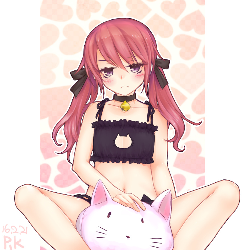 1boy, 2016, amel, americano_exodus, bell, bell_choker, blush, cat_cutout, cat_lingerie, choker, dated, eyelashes, frown, heart, highres, long_hair, looking_at_viewer, male_focus, mole, mole_under_eye, navel, otoko_no_ko, redcrab78, redhead, sitting, solo, twintails, violet_eyes