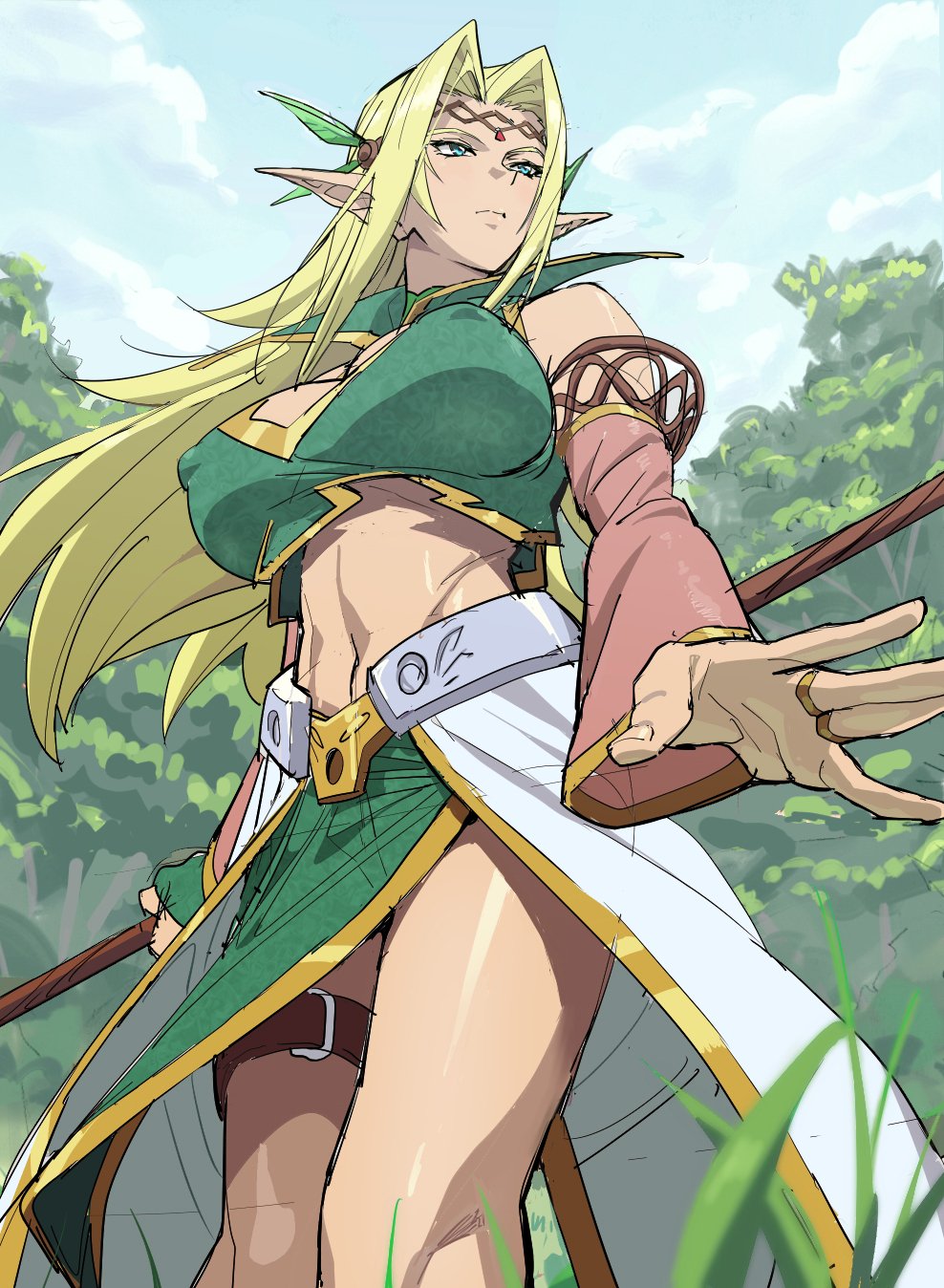 1girl, blonde_hair, blue_eyes, breasts, circlet, covered_nipples, detached_sleeves, elf, grass, highres, ishii_takamori, long_hair, midriff, original, pointy_ears, solo, staff, thigh_strap, tree