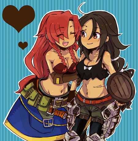 armor, artist_request, ballista_(sekaiju), brown_hair, commentary_request, fingerless_gloves, gloves, lowres, midriff, multiple_girls, sekaiju_no_meikyuu, sekaiju_no_meikyuu_3, warrior_(sekaiju)