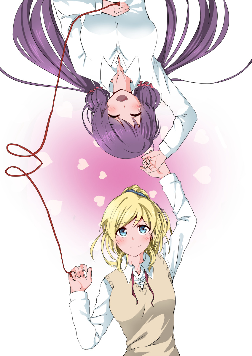 2girls, absurdres, ayase_eli, blonde_hair, blue_eyes, blush, closed_eyes, heart