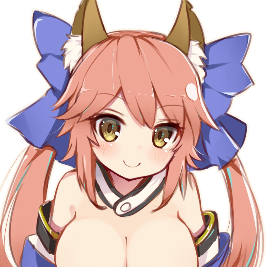 1girl, animal_ears, bare_shoulders, blush, breasts, caster_(fate/extra), cleavage, detached_sleeves