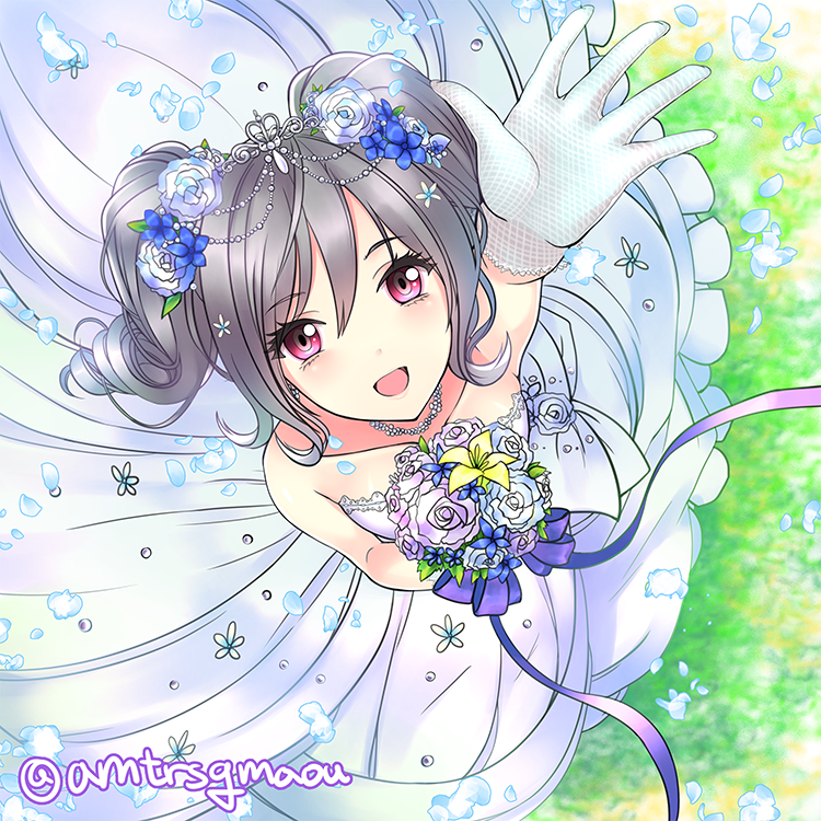 1girl, bangs, bouquet, bow, collarbone, commentary_request, dress, drill_hair
