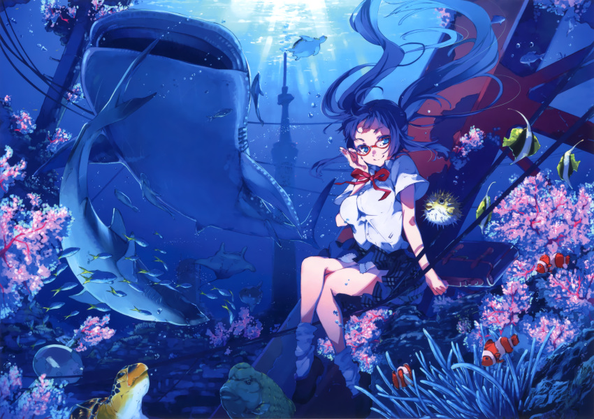 1girl, absurdres, adjusting_glasses, ahoge, bag, blowfish, breasts, bubble