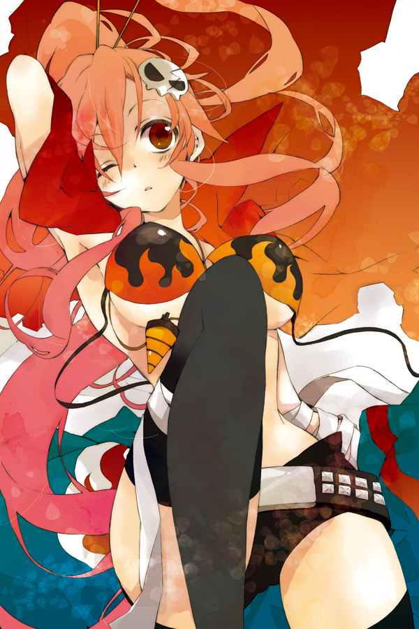 bandage, bandages, belt, bikini_top, black_legwear, black_thighhighs, breasts, cape