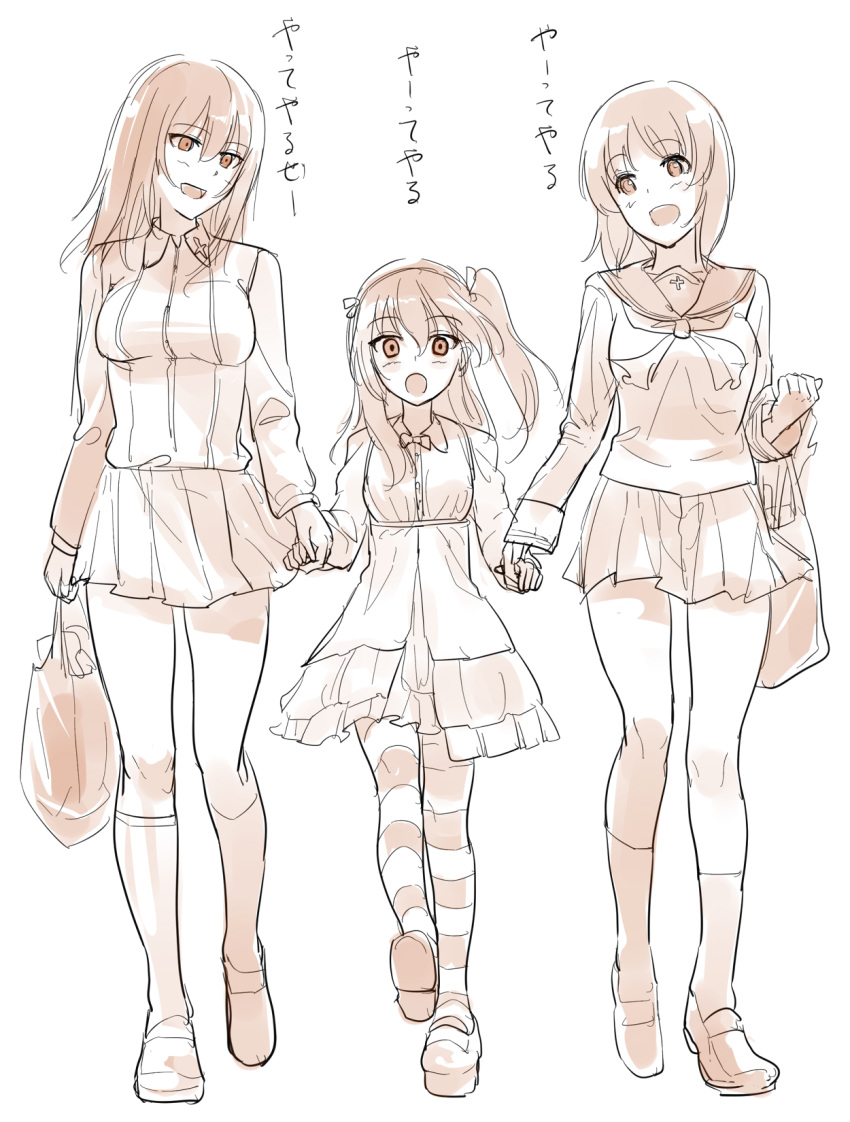 3girls, bag, blush, girl_sandwich, girls_und_panzer, groceries, highres, holding_hands