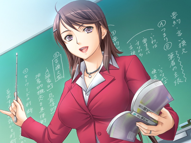 book, breasts, brown_hair, chalkboard, classroom, game_cg, hair_ornament, hairclip