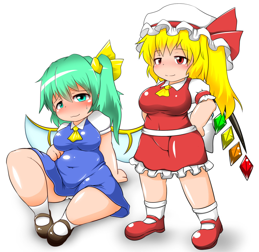 2girls, :3, asheta7, blonde_hair, blush, breasts, covered_navel, daiyousei