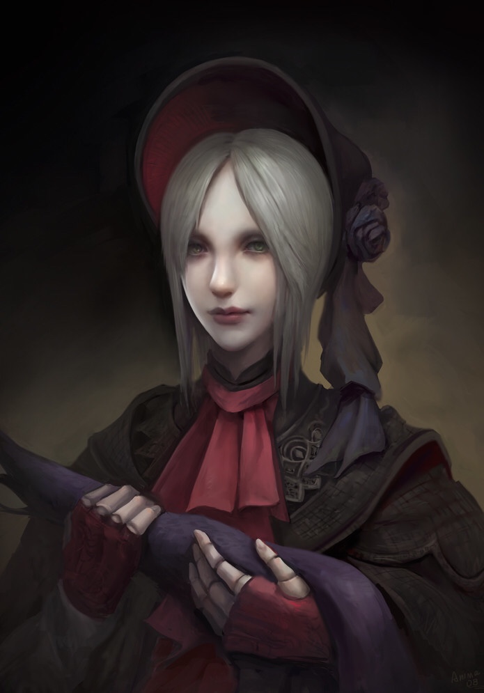 1girl, artist_name, ascot, bloodborne, bonnet, dark, doll_joints, dress