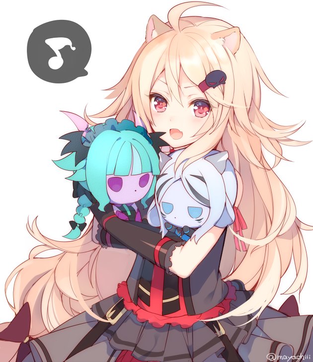 >:d, 1girl, :d, ahoge, aireen_(show_by_rock!!), animal_ears, blonde_hair, character_doll