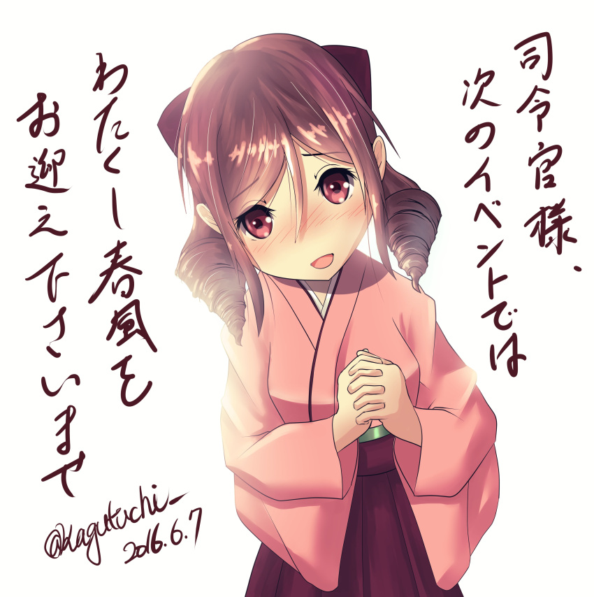 1girl, 2016, absurdres, blush, brown_hair, commentary_request, dated, drill_hair