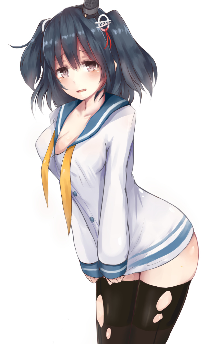 1girl, alternate_costume, alternate_hairstyle, arched_back, black_hair, black_legwear, blush, breasts