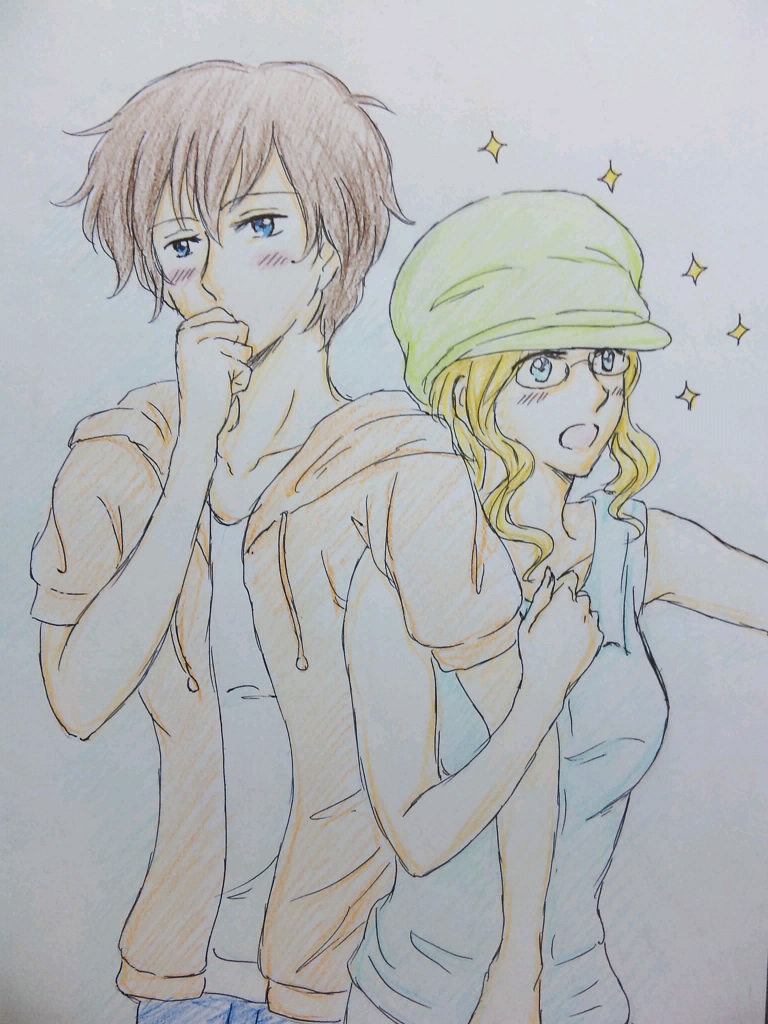 2girls, anna_(omoide_no_marnie), arm_grab, bespectacled, blonde_hair, blue_eyes, blush, brown_hair, couple, covering_mouth, glasses, hand_over_own_mouth, hat, inuki_(871054), jacket, marnie, multiple_girls, omoide_no_marnie, open_mouth, short_hair, sparkle, yuri