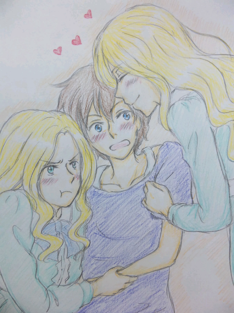 3girls, :t, anna_(omoide_no_marnie), arm_grab, blonde_hair, blue_eyes, bra_strap, closed_eyes
