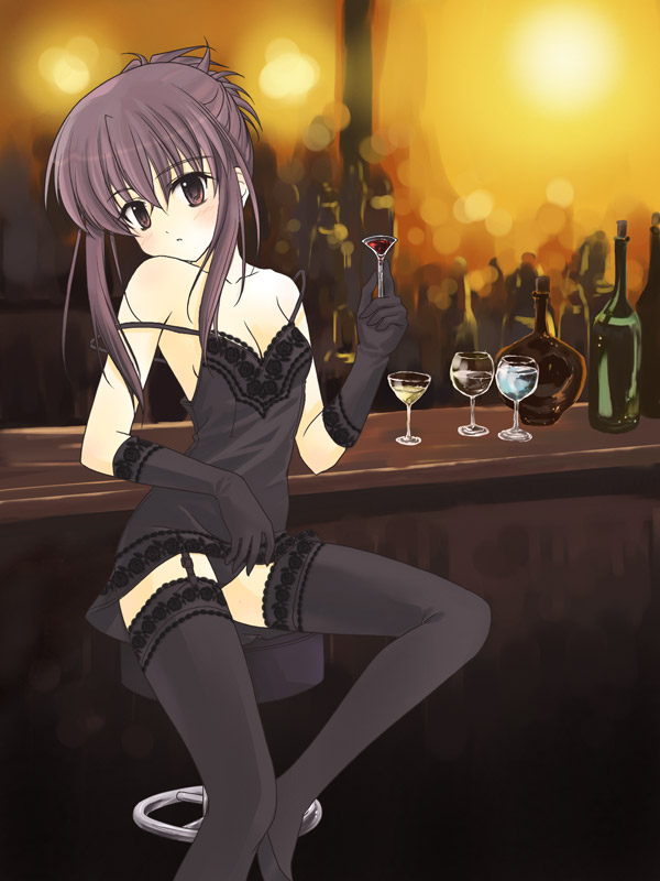 1girl, alcohol, breasts, chair, chemise, chikage_(sister_princess), cleavage, colored
