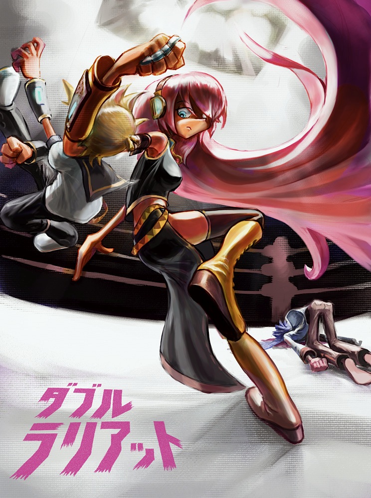 blood, blue_eyes, blue_hair, boots, broken_thumbnail, clothesline, double_lariat_(vocaloid), headphones, kagamine_len, kaito, long_hair, megurine_luka, midriff, pink_hair, punch, punching, scarf, shorts, thigh-highs, thighhighs, tnt_(pixiv), vocaloid, wrestling