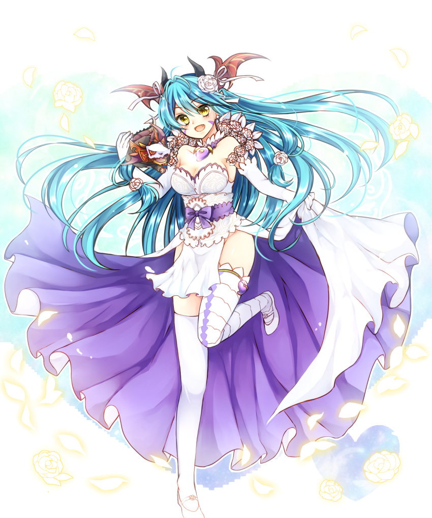 1girl, animal, animal_on_shoulder, blue_hair, dress, elbow_gloves, facepaint, facial_mark
