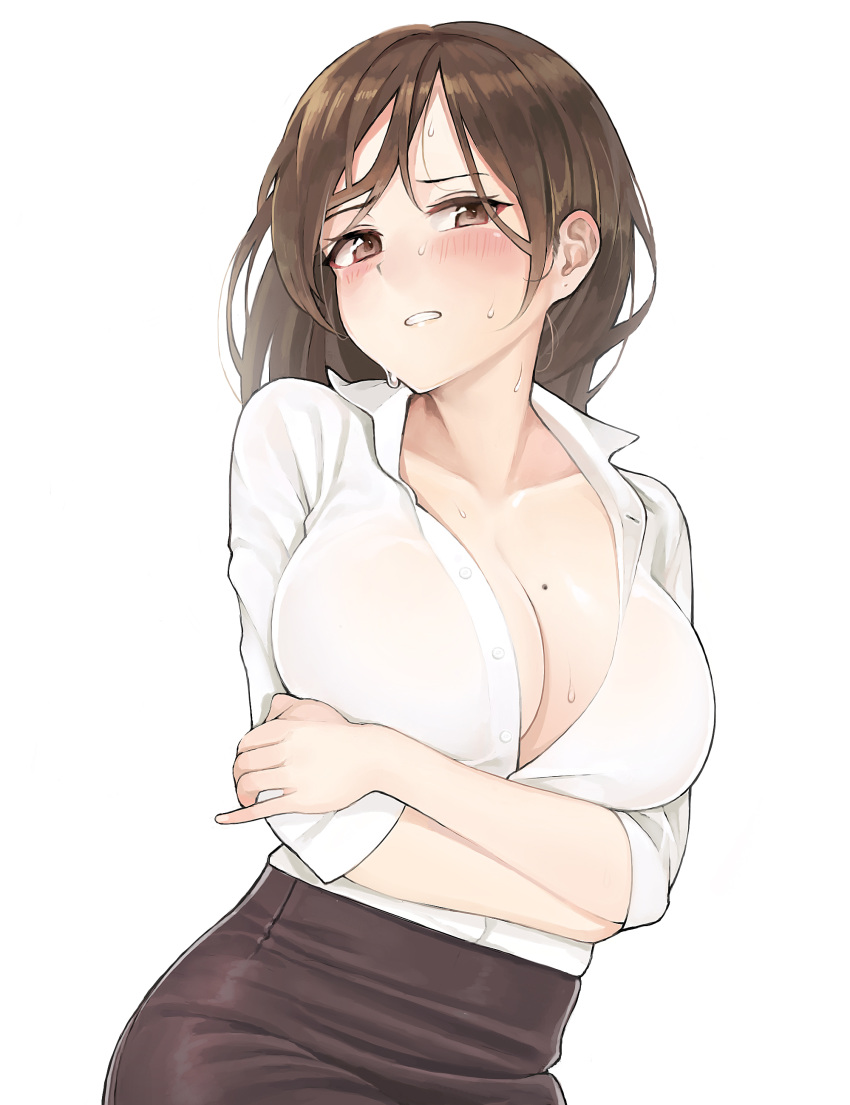 1girl, absurdres, ameyame, blush, breasts, brown_eyes, brown_hair, brown_skirt