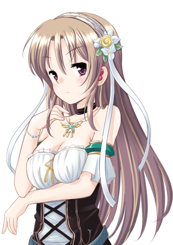 1girl, aiyoku_no_eustia, breasts, brown_hair, cleavage, collar, collarbone, dress, eris_floraria, flower, hair_flower, hair_ornament, jewelry, long_hair, looking_at_viewer, necklace, simple_background, solo, strapless, strapless_dress, violet_eyes, white_background, yoshikita_popuri