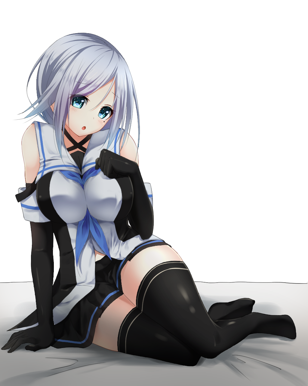 1girl, :o, bangs, bare_shoulders, black_gloves, black_legwear, black_skirt, blue_eyes