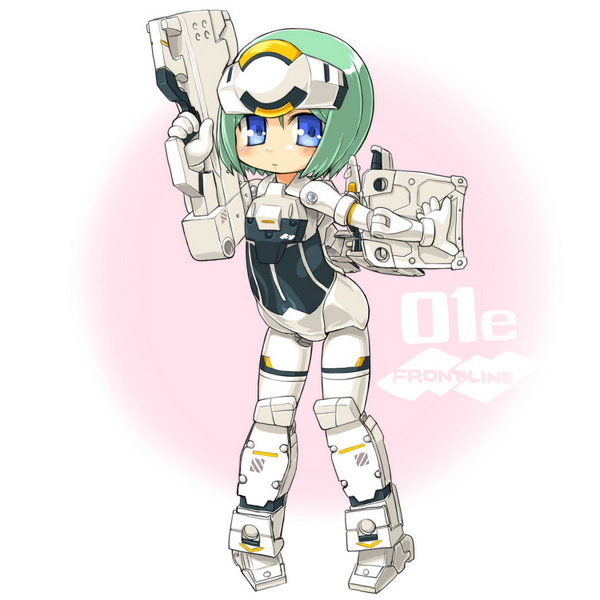 armor, blue_eyes, busou_shinki, chibi, dd_(artist), doll_joints, green_hair, mecha_musume
