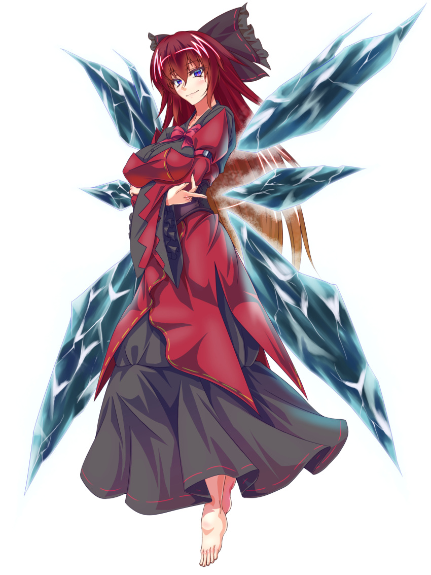 1girl, alternate_color, alternate_eye_color, alternate_hair_color, arm_strap, bad_feet, barefoot, black_bow