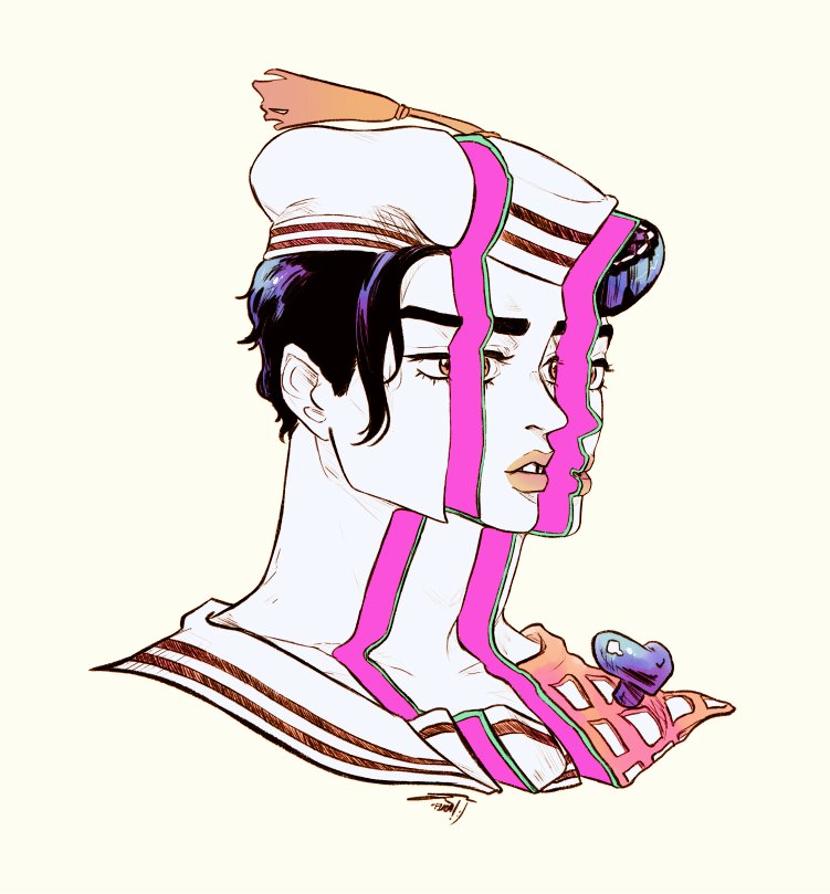 3boys, cross-section, dixie_cup_hat, face, hat, higashikata_jousuke_(jojolion), jojo_no_kimyou_na_bouken, jojolion, kira_yoshikage_(jojolion), kuujou_josefumi, male_focus, military_hat, multiple_boys, neck, orange_eyes, pompadour, purple_hair, rainbowthinker, sailor_hat, signature