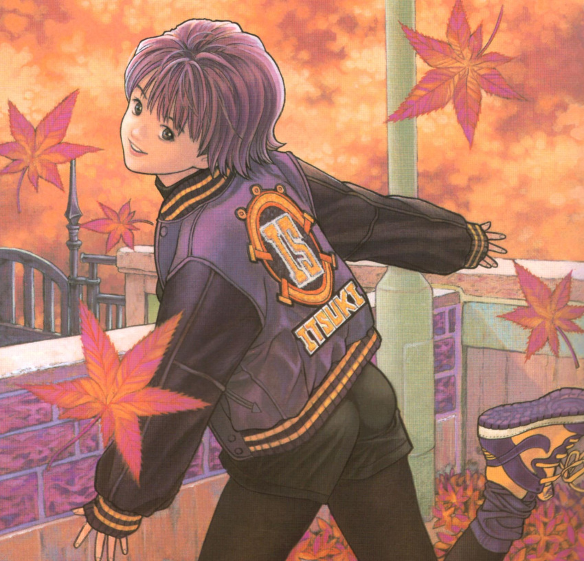 1girl, akiba_itsuki, alternate_costume, black_legwear, black_shorts, bob_cut, brown_eyes, brown_hair, highres, i"s, jacket, katsura_masakazu, leaf, legwear_under_shorts, letterman_jacket, lips, maple_leaf, nail_polish, official_art, pantyhose, shoes, short_hair, shorts, sneakers, socks, solo