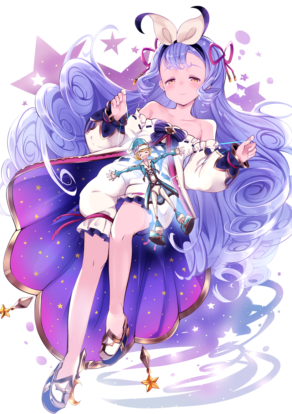 1girl, bare_shoulders, blue_hair, blush, character_doll, closed_mouth, doll, dress, drill_hair, full_body, granblue_fantasy, hair_ribbon, hairband, half-closed_eyes, highres, long_hair, long_sleeves, looking_at_viewer, morphe_(granblue_fantasy), puffy_sleeves, red_ribbon, ribbon, shoes, shorts, smile, solo, star, string, very_long_hair, vetol_(granblue_fantasy), wankoo-mikami, white_dress, yellow_eyes