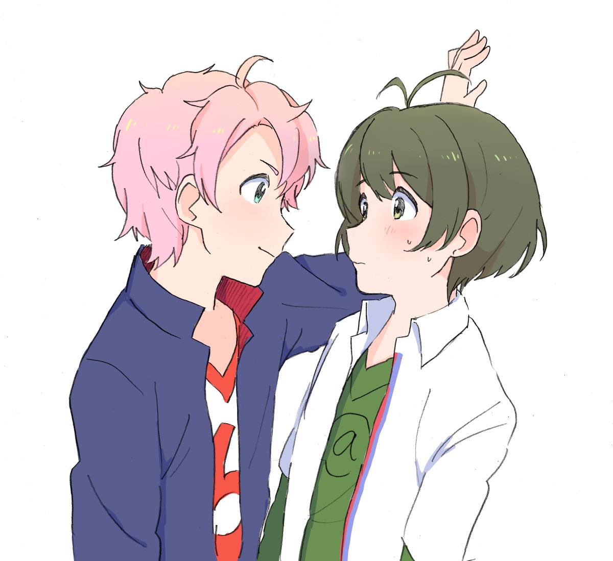2boys, akizuki_ryou, blue_eyes, blush, green_hair, idolmaster, idolmaster_side-m, kabuto_daigo, looking_at_another, multiple_boys, pink_hair, wall_slam, yaoi