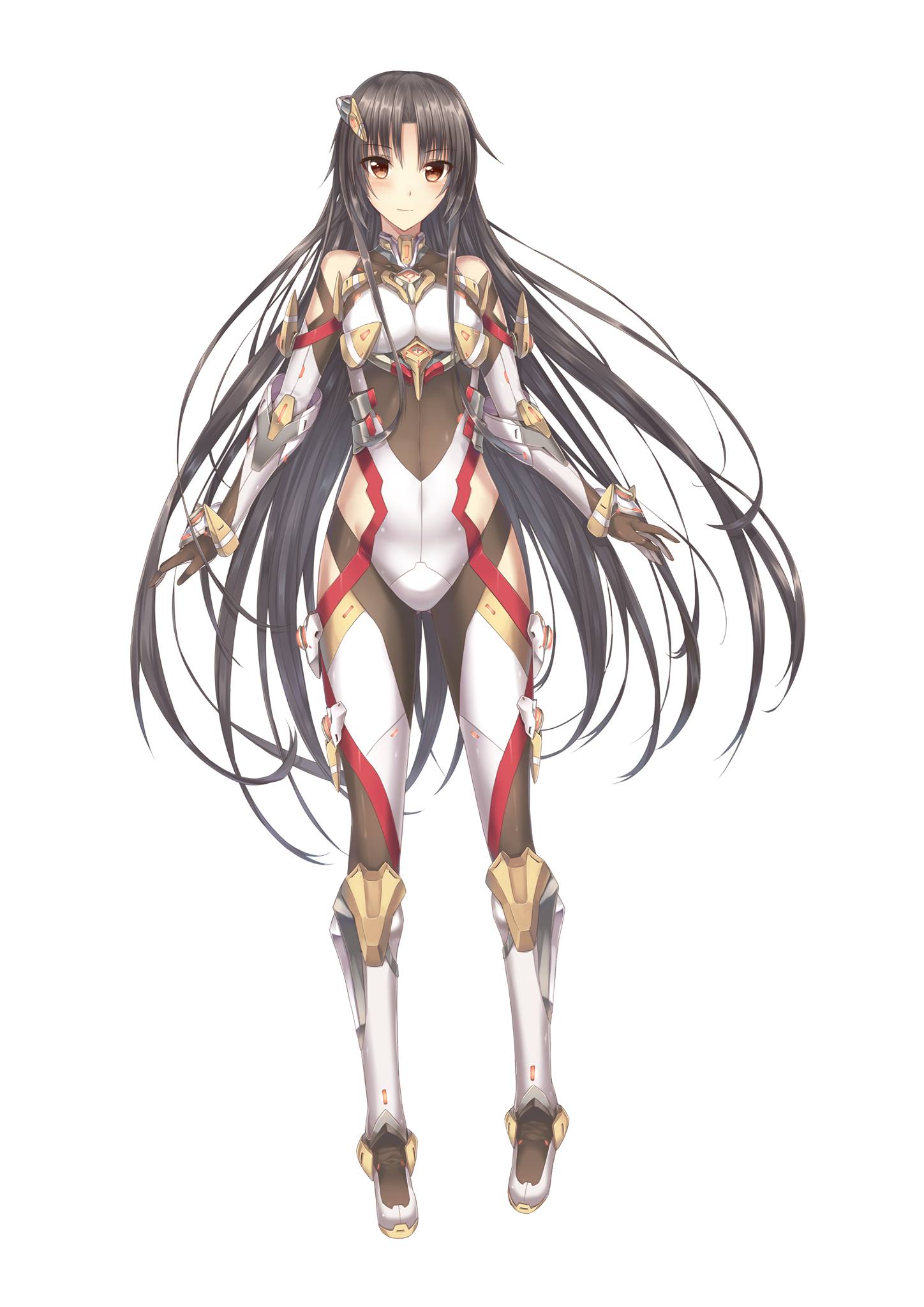 1girl, ass_visible_through_thighs, bare_shoulders, black_hair, blush, bodysuit, boots, brown_eyes, closed_mouth, detached_sleeves, eyebrows, eyebrows_visible_through_hair, full_body, gloves, highres, light_smile, long_hair, looking_at_viewer, luzi, mirai_(project_nimbus), official_art, pilot_suit, project_nimbus, side_cutout, sidelocks, simple_background, skin_tight, solo, standing, tsurime, turtleneck, very_long_hair, white_background