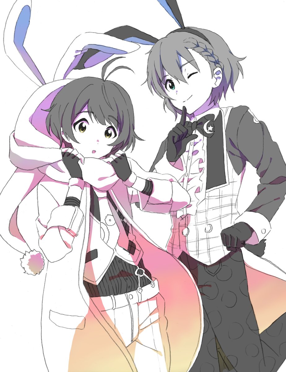 2boys, ;), ahoge, akizuki_ryou, alternate_costume, animal_hood, black_gloves, bow