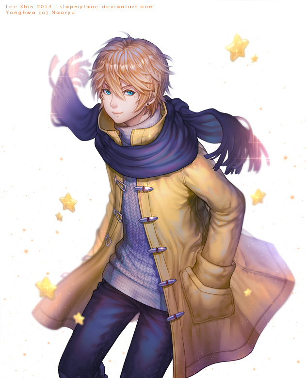 1boy, blonde_hair, coat, denim, green_eyes, jacket, jeans, looking_at_viewer, male_focus, pants, scarf, short_hair, signature, slapmyface, solo, star, sweater, watermark, web_address, white_background