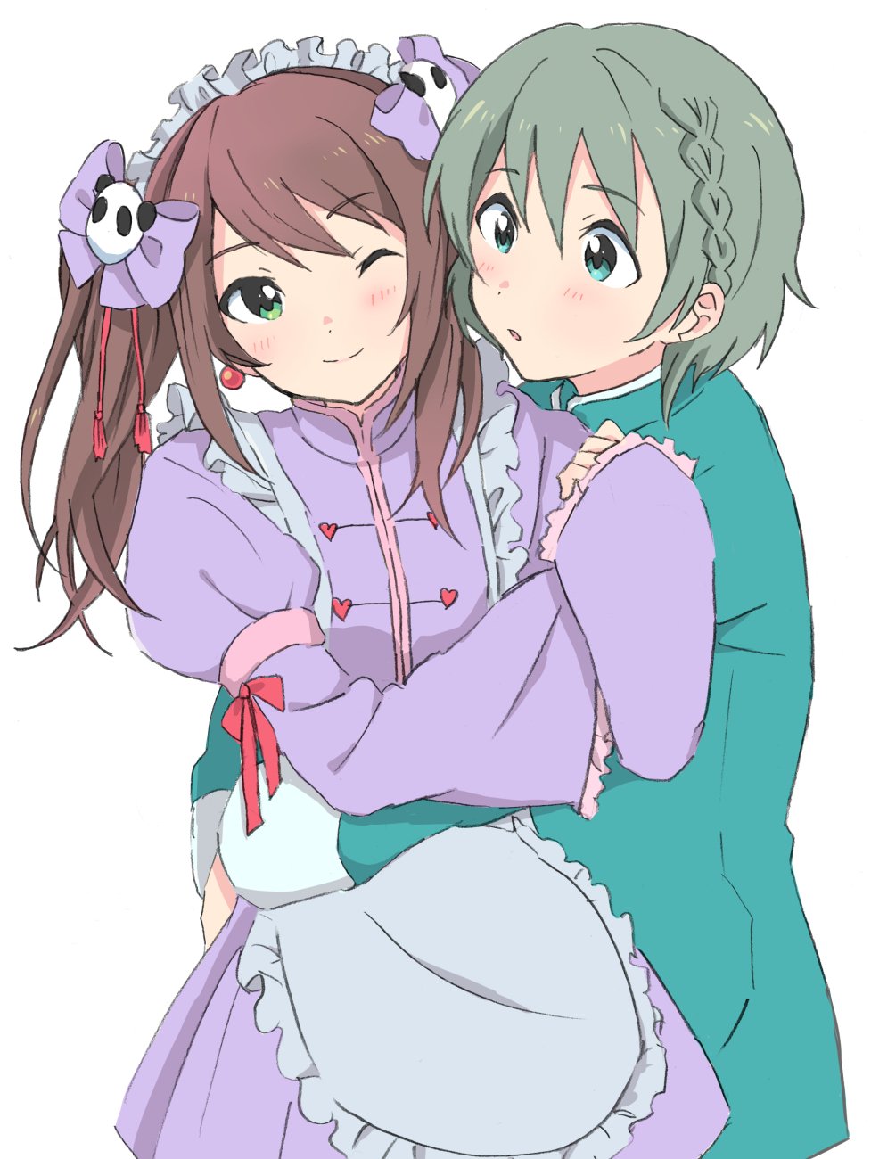 2boys, ;), blue_eyes, blush, braid, brown_hair, chinese_clothes, green_eyes