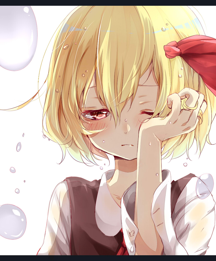 1girl, ;(, black_vest, blonde_hair, blush, buttons, close-up, closed_mouth