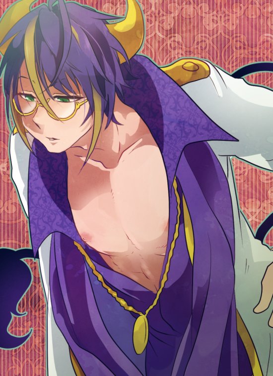 1boy, blonde_hair, green_eyes, looking_down, male_focus, maruboku, multicolored_hair, nipples