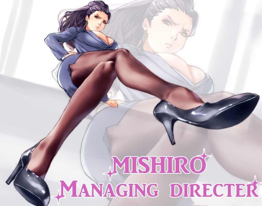 1girl, breasts, cleavage, crossed_legs, earrings, engrish, executive_mishiro, high_heels