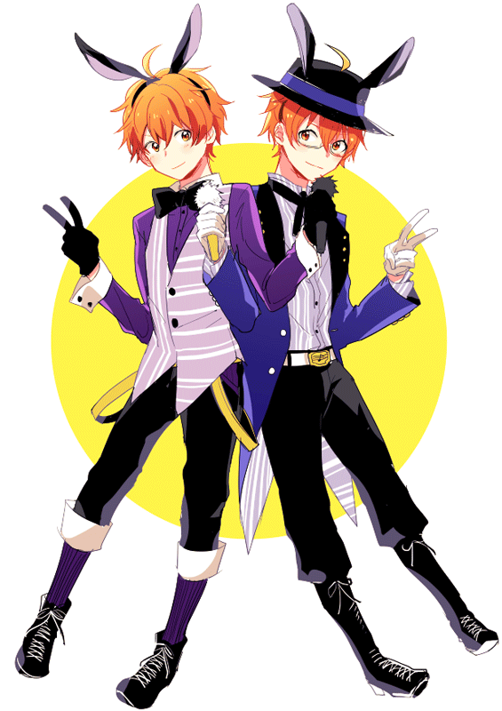 2boys, ahoge, alternate_costume, animal_ears, aoi_kyosuke, aoi_yusuke, black_gloves, blush