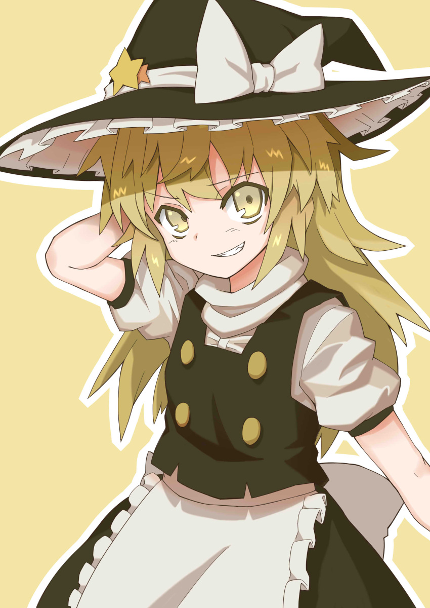 1girl, absurdres, black_dress, blonde_hair, bow, buttons, dress, grin, hand_behind_head, hat, highres, kirisame_marisa, oninamako, smile, solo, star, touhou, white_bow, yellow_background, yellow_eyes