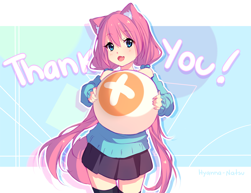 1girl, :d, animal_ears, artist_name, ball, bare_shoulders, black_legwear, black_skirt