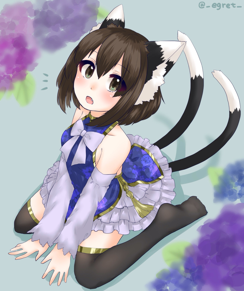 /\/\/\, 1girl, :o, animal_ears, arm_warmers, artist_name, bare_arms, bare_shoulders