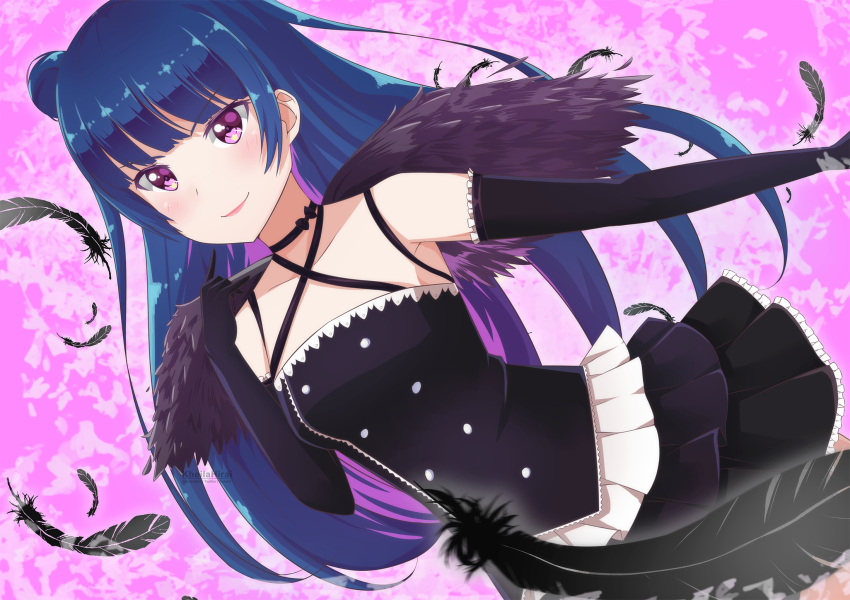 blue_hair, blush, feather, gothic, long_hair, love_live!_sunshine!!, odango, purple_eyes