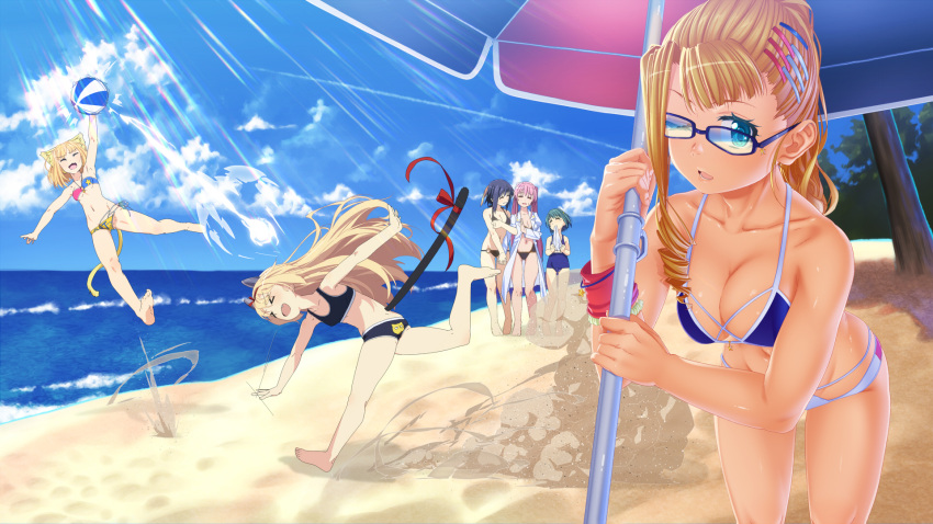 >_<, /\/\/\, 6+girls, ;d, ^_^, animal_ears, aqua_hair, arm_up
