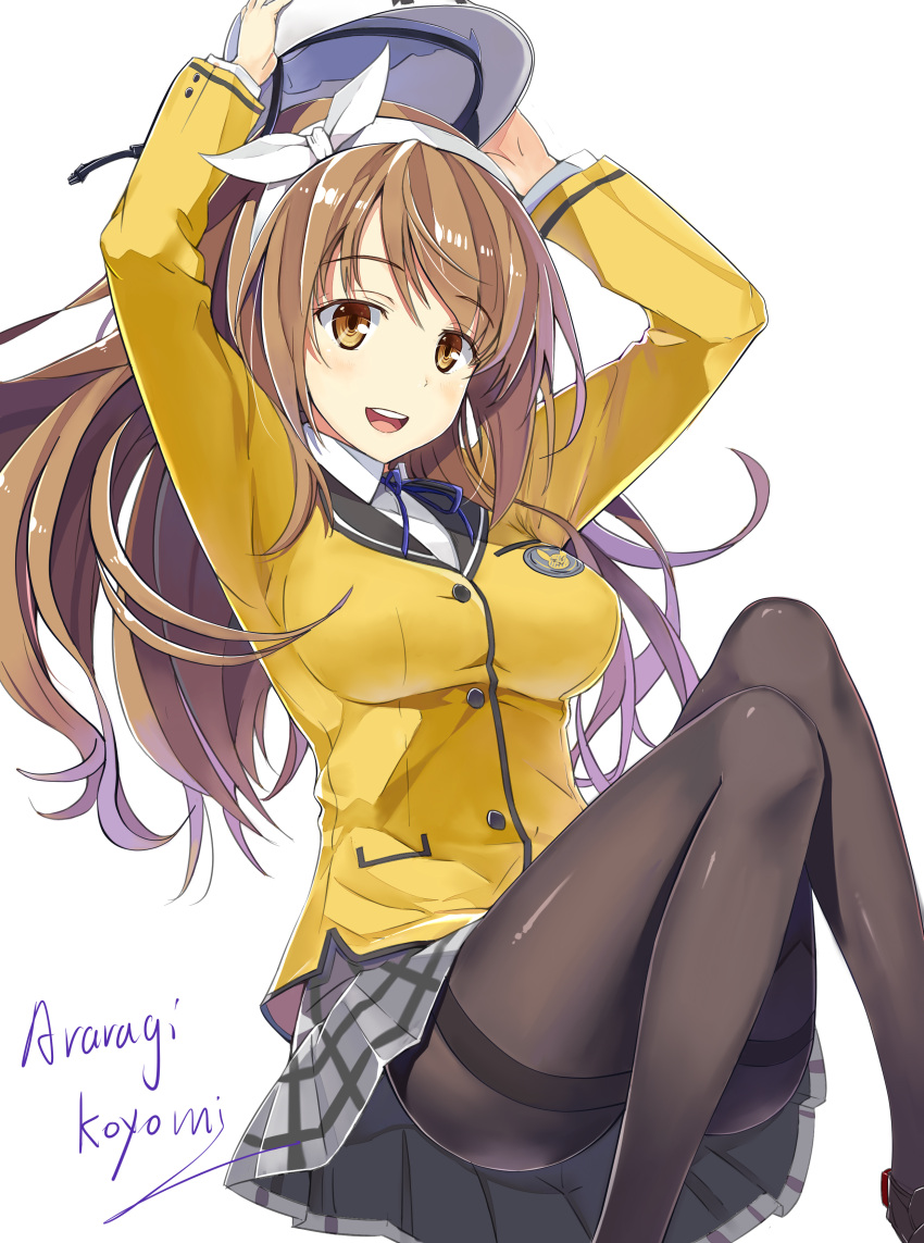 1girl, :d, absurdres, araragikoyomis, arms_up, artist_name, bangs, blazer