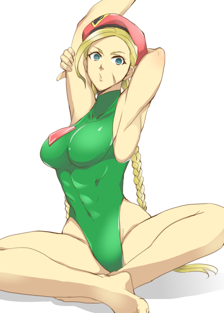 1girl, armpits, arms_up, barefoot, beret, blonde_hair, blue_eyes, braid, breasts, cammy_white, hat, highleg, highleg_leotard, highres, indian_style, leotard, long_hair, medium_breasts, puckered_lips, scar, sitting, skin_tight, solo, street_fighter, stretch, takehana, twin_braids